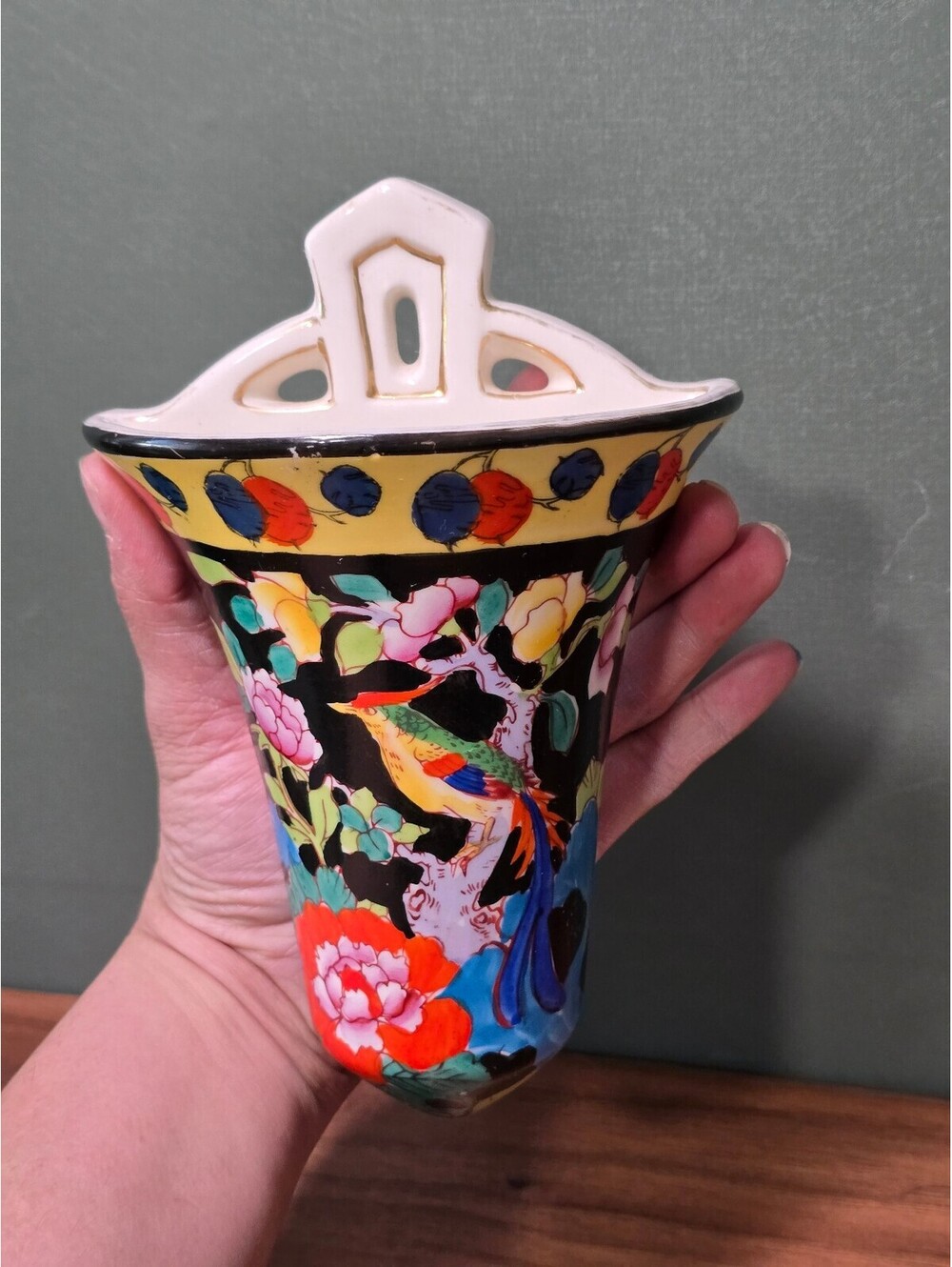 Vintage Chikusa Porcelain Wall Pocket Chinoiserie Bird Peony Flower Vase